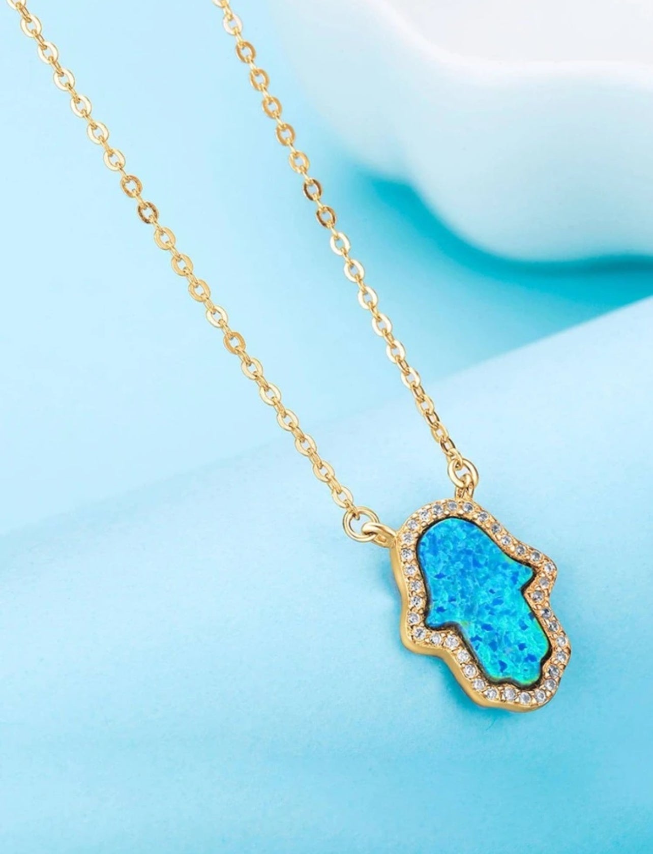 18k Gold Plated over Sterling Silver, Opal Hamsa Necklace